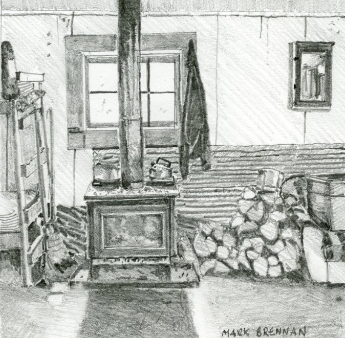Camp Interior, West River Lake, NS Wetland, 2022 Pencil On Paper, Mark Brennan 11.5x11.5cm.jpg