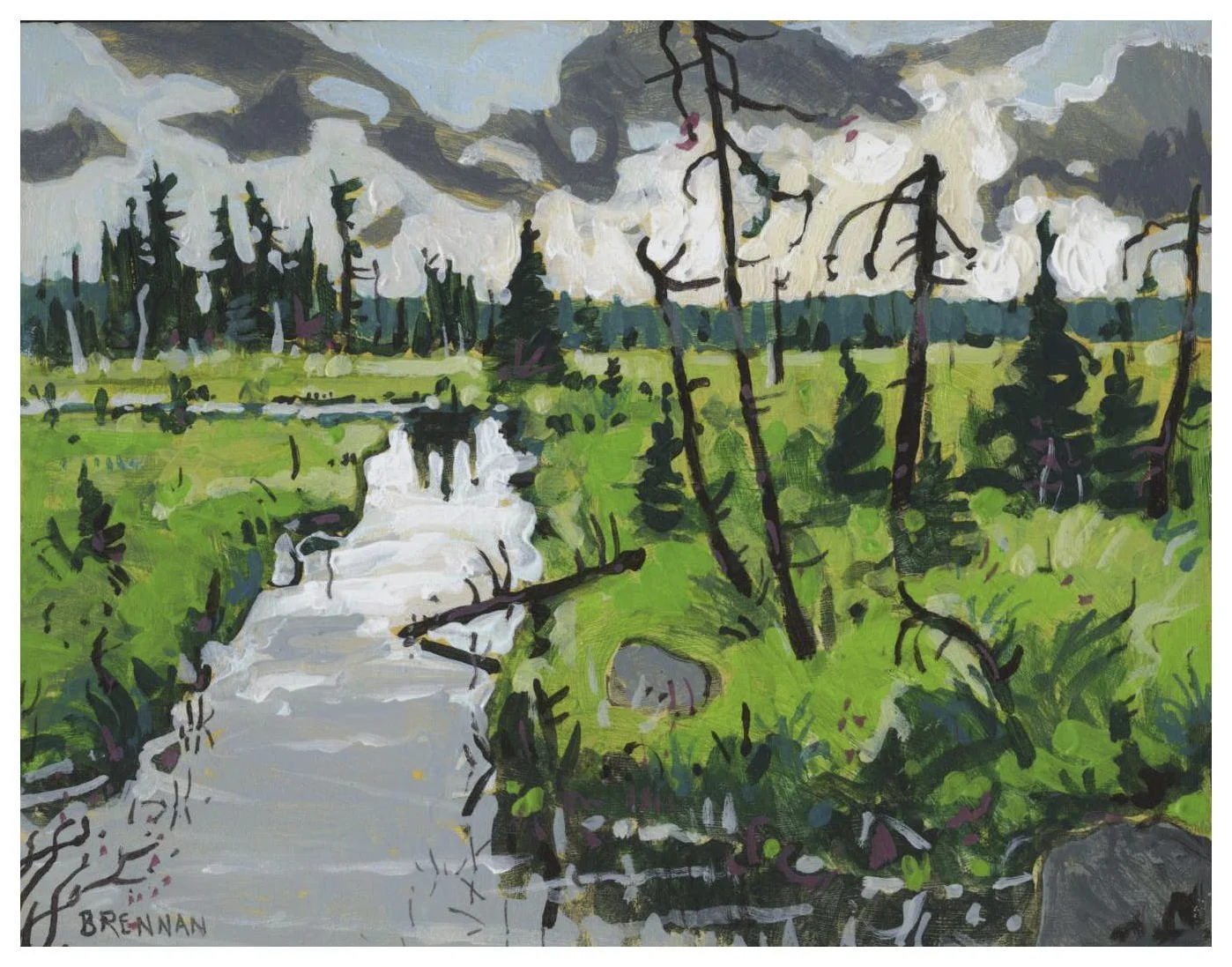 Mark Brennan The Many Summer Greens of Belmore Flowage acrylic on panel 7x8 inches 2026.jpg