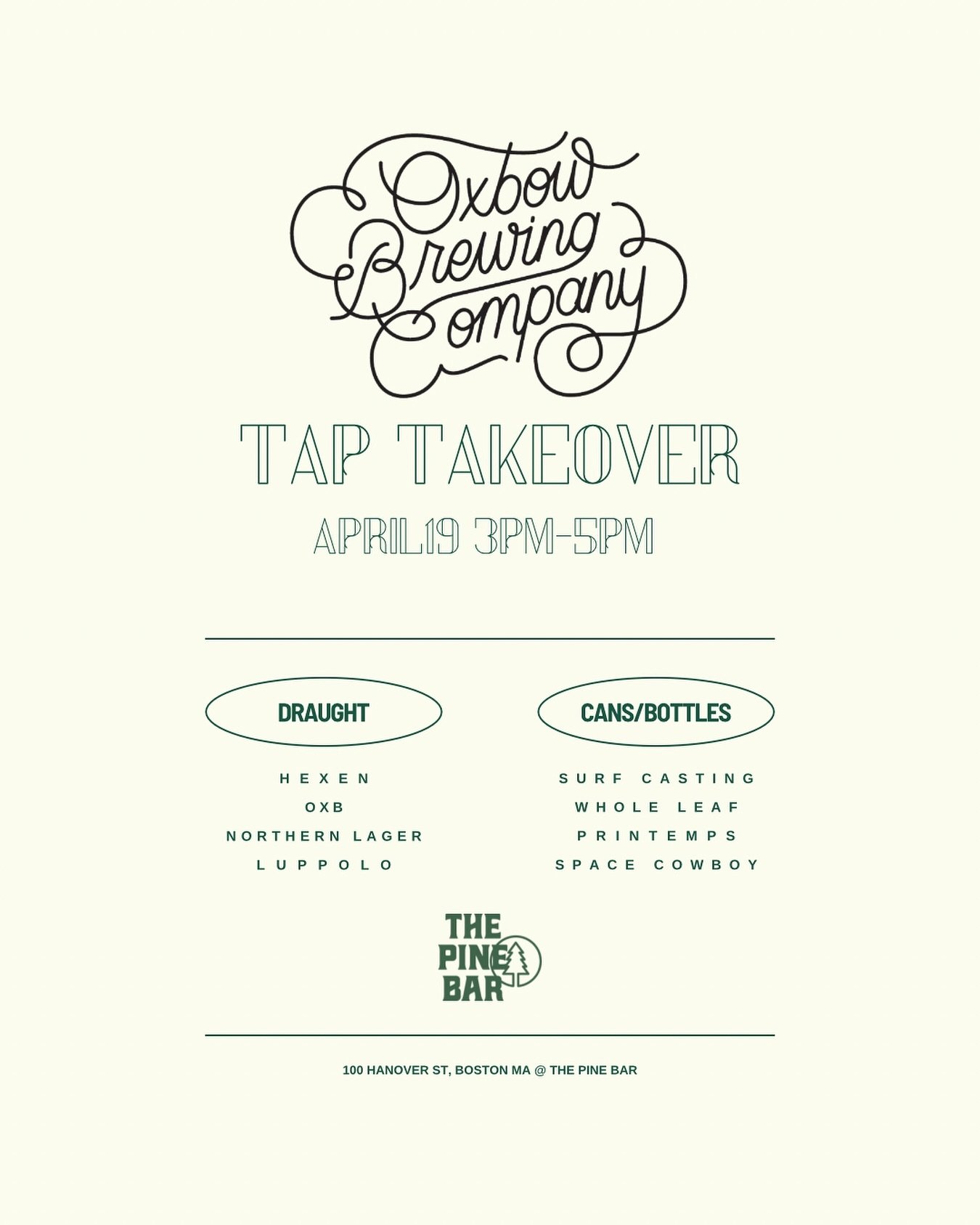 We&rsquo;re doing a tap takeover with @oxbowbrewingcompany on April 19 at 3pm! Don&rsquo;t miss out on enjoying some great local beer 🍻🙌

#ontap #beer #thingstodoinboston #visitboston #drinklocal #oxbowbrewing