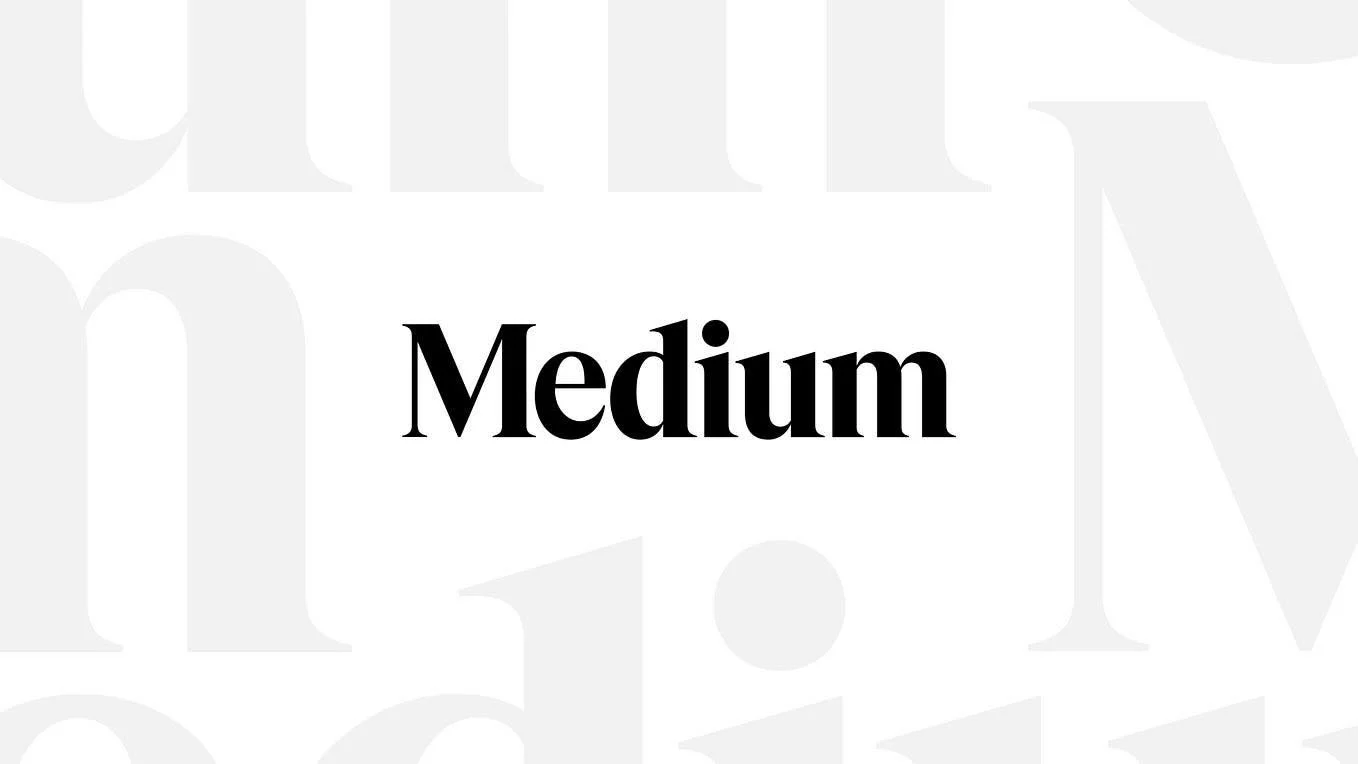 The image shows the word 'Medium' in black, bold font against a light background with large, faint, gray text in the background.