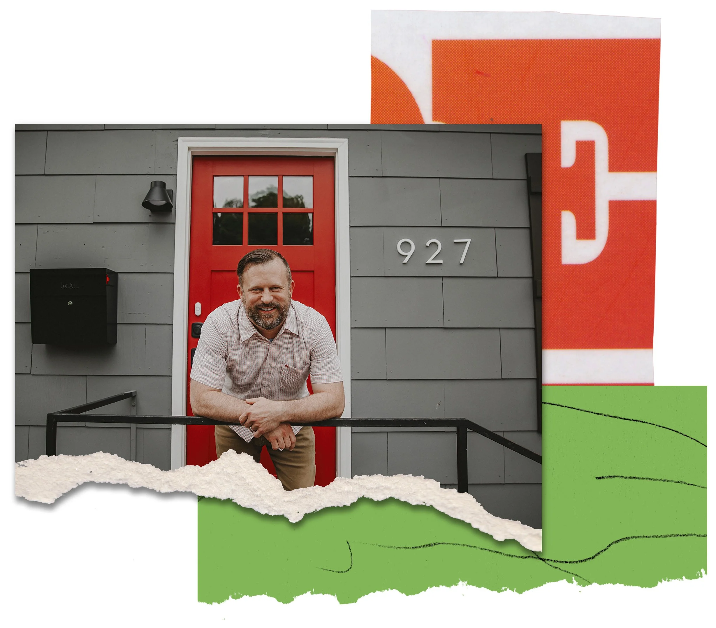 Collage with Elliot leaning on railing in front of house