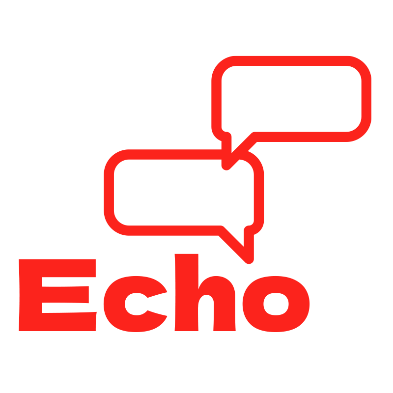 Red outlined speech bubbles above the word "Echo" in bold red text, on a black background.