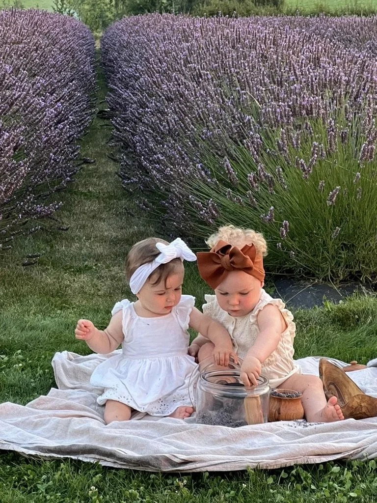 photography in lavender field.  Two young girls sitting on a blanket in a lavender field, examining a glass jar. One girl wears a white dress and headband; the other wears a cream dress and large brown bow headband. Hope Ranch Lavender