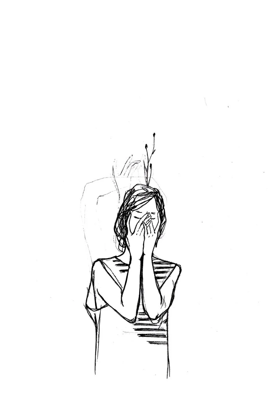A line drawing of sad girl with her hands covering her face, with plant-like antennae on her head.