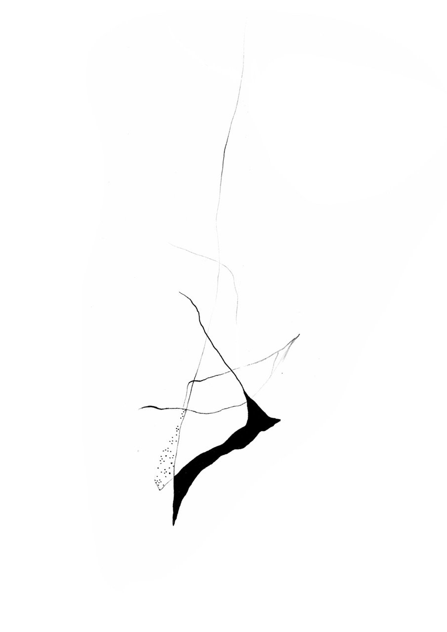 Abstract black and white minimalist artwork with thin lines and a bold black shape in the lower center.