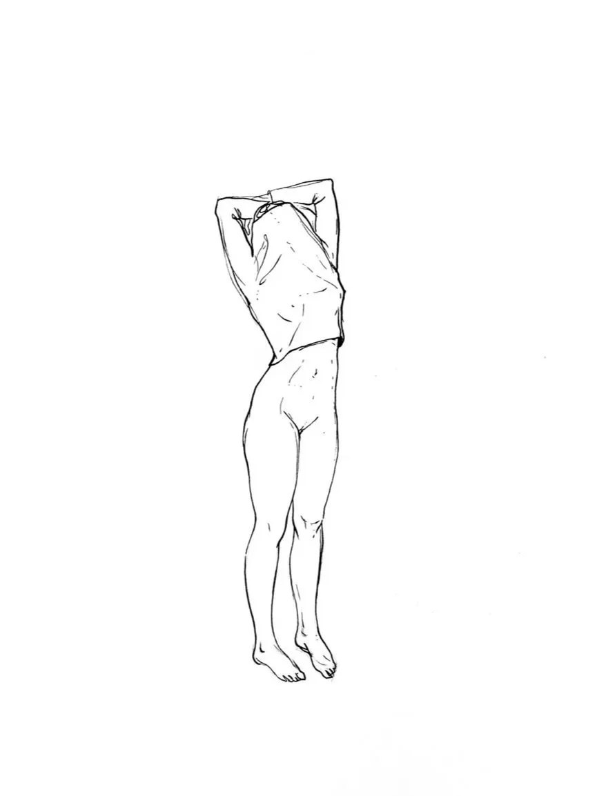 Line drawing of a person standing with arms raised and hands behind head, taking off a t-shirt, on a plain white background.