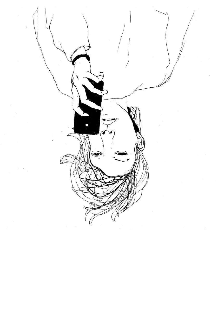 Line drawing of a woman with wavy hair looking down and holding a smartphone, with the image oriented upside down.