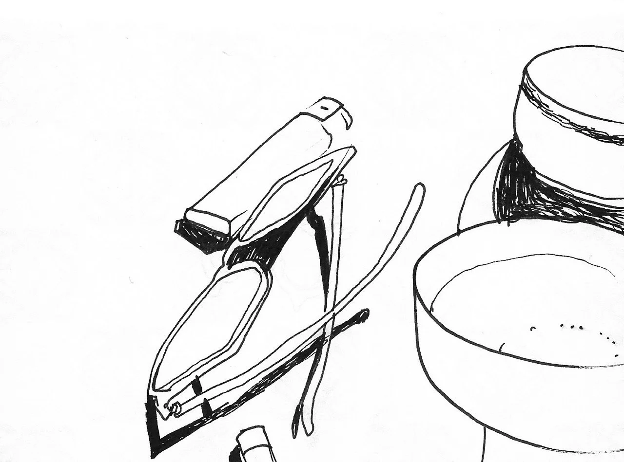 Sketch of glasses and a lighter.