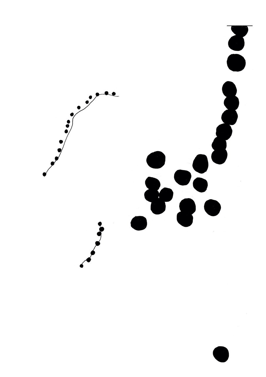 Black dots and lines on a white background forming abstract shapes, some arranged in curved lines and clusters.