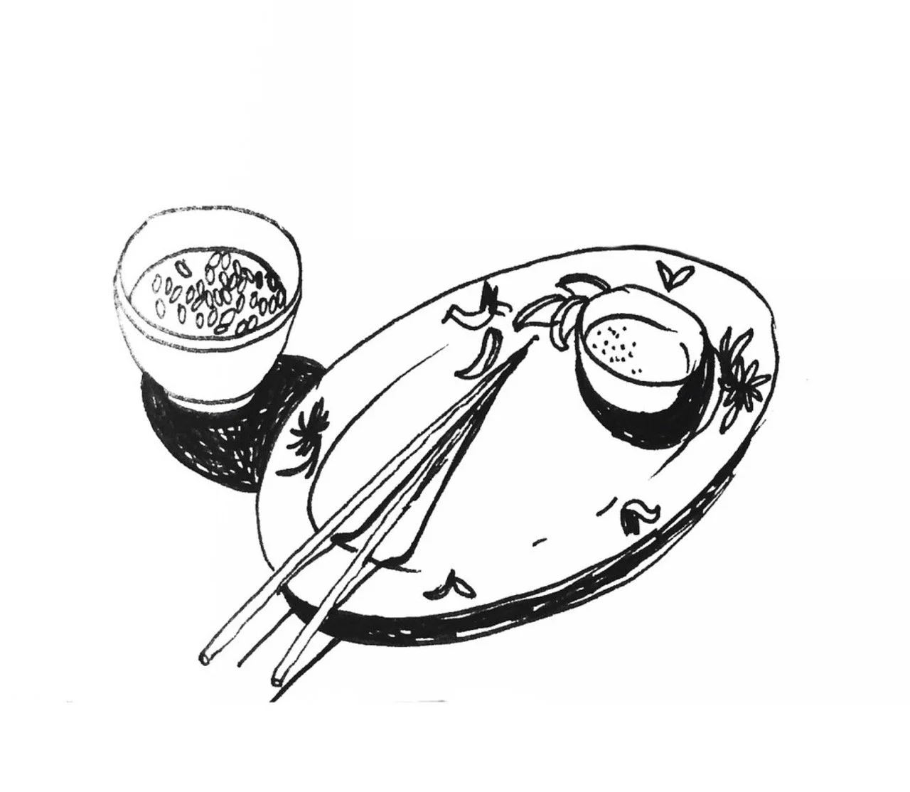Black and white sketch of a asian meal with chopsticks, a small bowl of rice, and an empty plate.