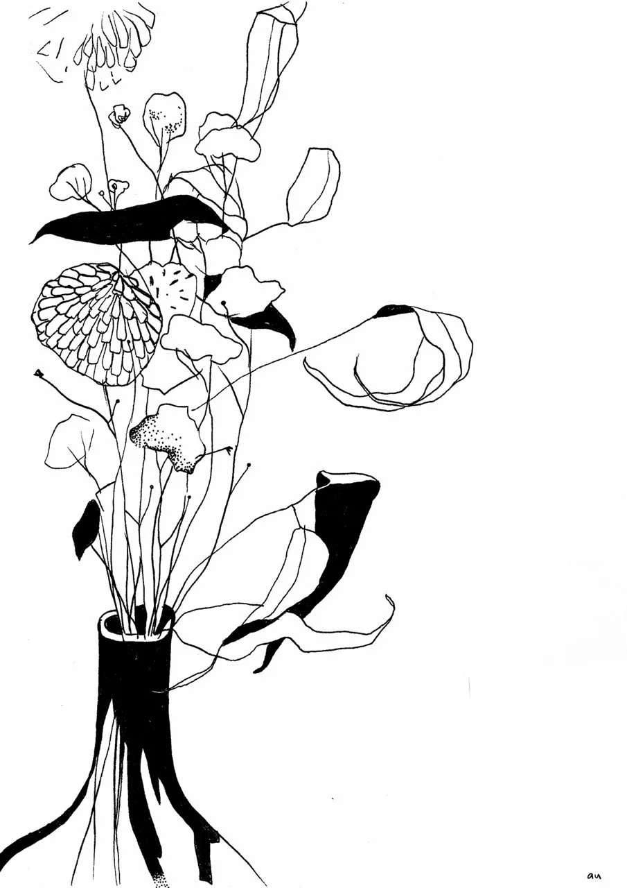 A black and white line drawing of a bouquet of flowers in a vase, with various detailed flowers and leaves.