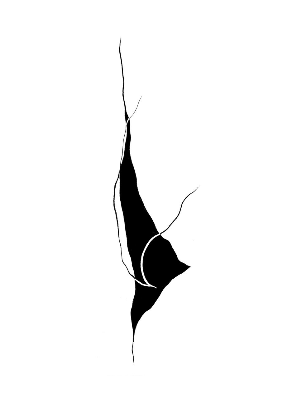 Abstract black and white design resembling a cracked or torn surface with jagged edges and lines.
