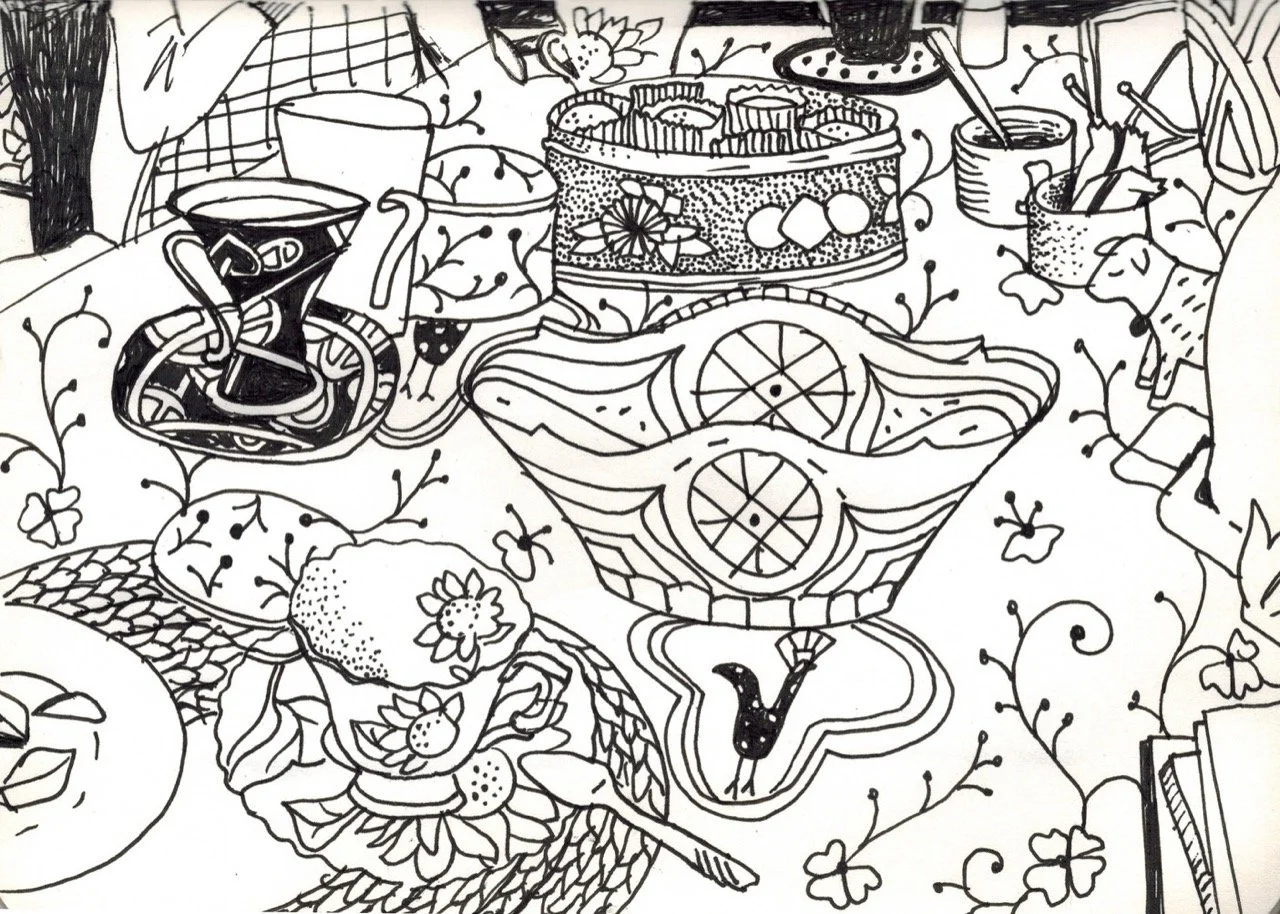 Line drawing of a table set with various foods. The table has a floral tablecloth and surrounding objects include a small pitcher and utensils. There are other plates and cups, along with decorative elements.