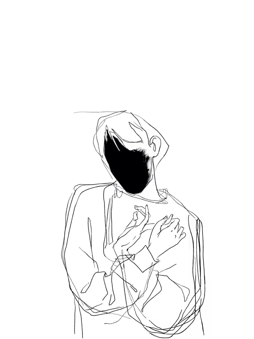 A line drawing of a person with a blackened face, with hands crossed over their chest, in a minimalist art style.