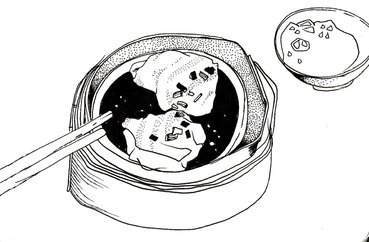 A black and white line drawing of a bowl of dumplings with chopsticks, accompanied by a small bowl of soy sauce.
