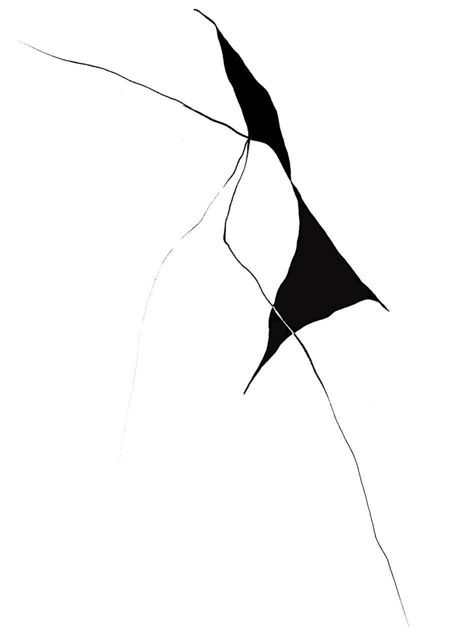 Abstract black and white hand drawn artwork with sharp, jagged lines and irregular shapes.