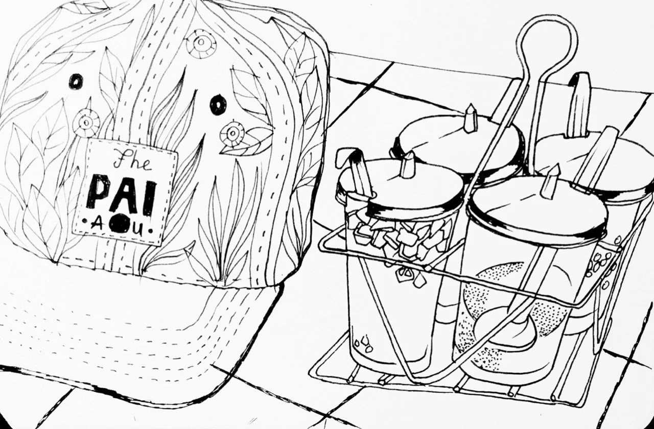 Black and white line drawing of a spices and sauces in Pai province, Thailand.