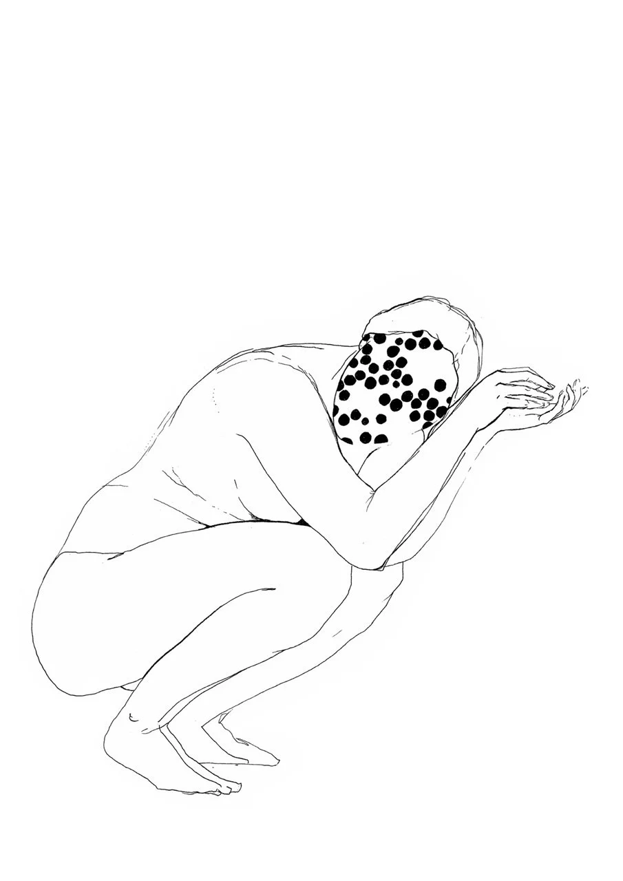 Line drawing of a person crouching with their head resting on their knees, face covered with a pattern of black dots.