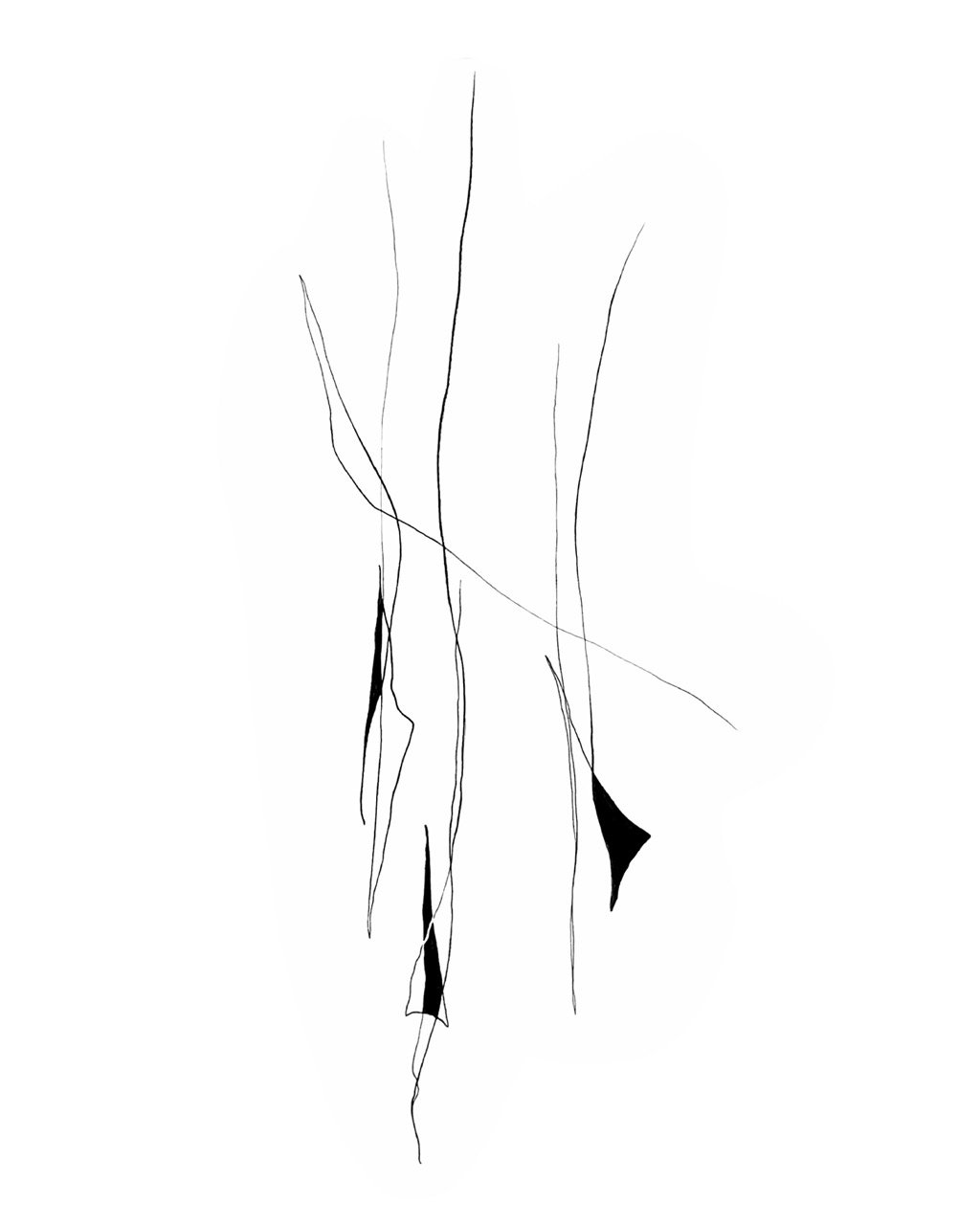 Minimalist black and white abstract line drawing with thin, curved lines and solid black shapes on a white background.