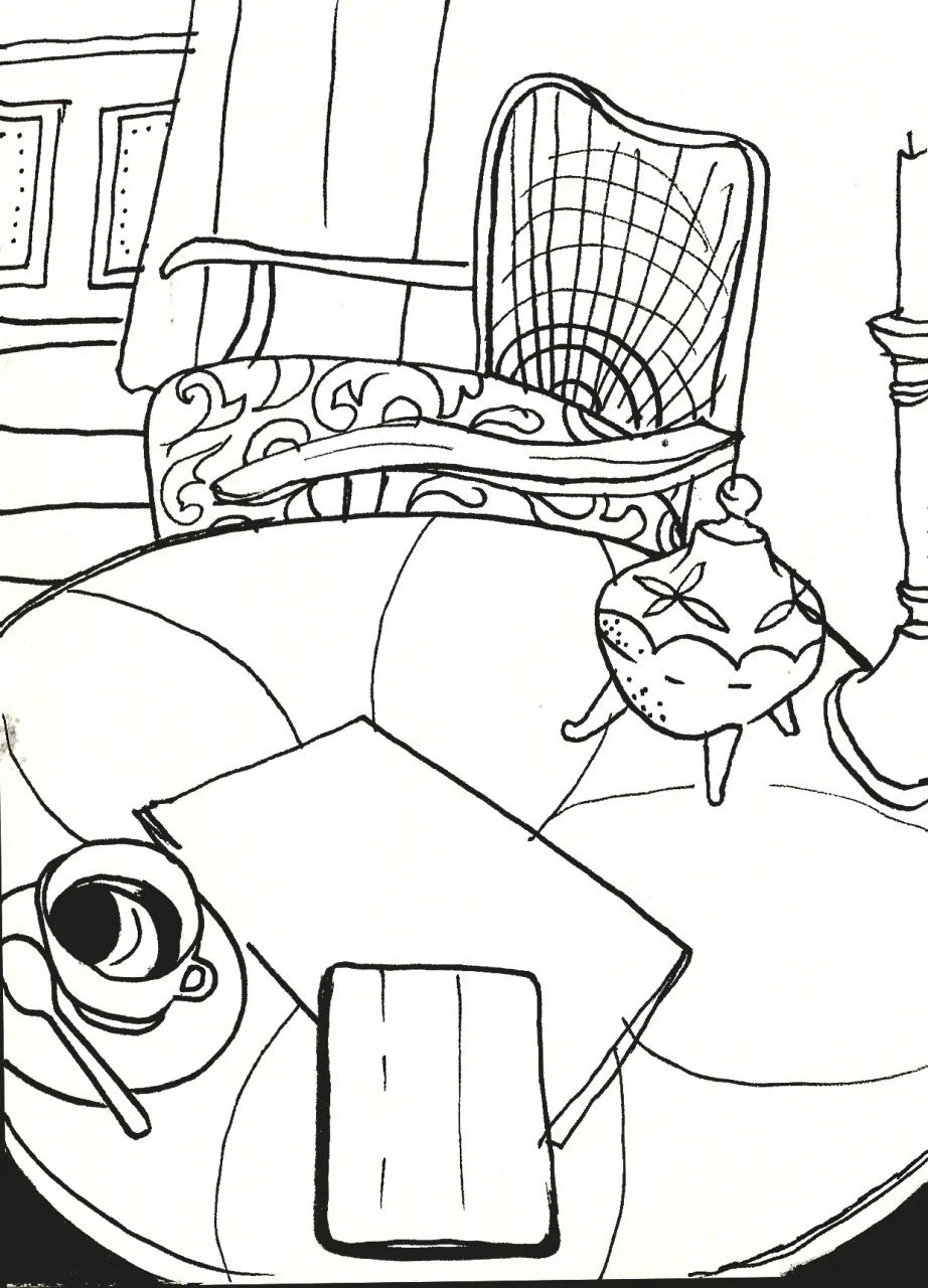 Black and white line drawing of a Berlin kaffee with a patterned armchair, a side table with a patterned lamp, a coffee table with a coffee cup, a closed book, and a partially visible piece of furniture with framed pictures on the wall.