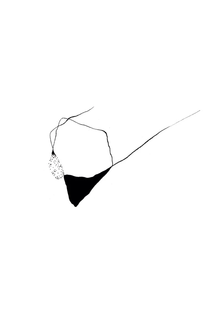 Abstract black and white line drawing with a large black shape, thin lines, and a dotted pattern on the left side