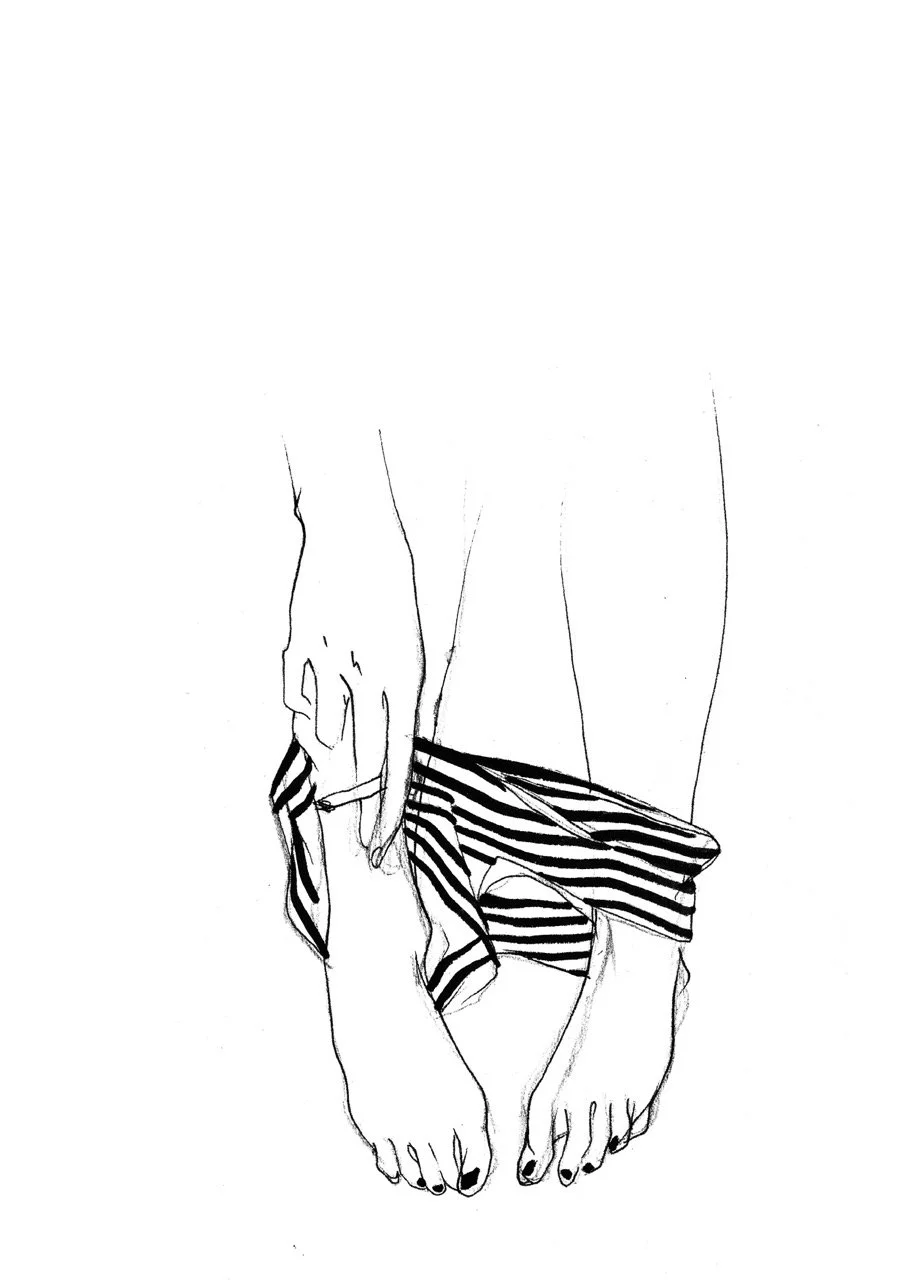 Black and white line drawing of a person holding a sigarette near striped underwear, with toes and fingernails visible.