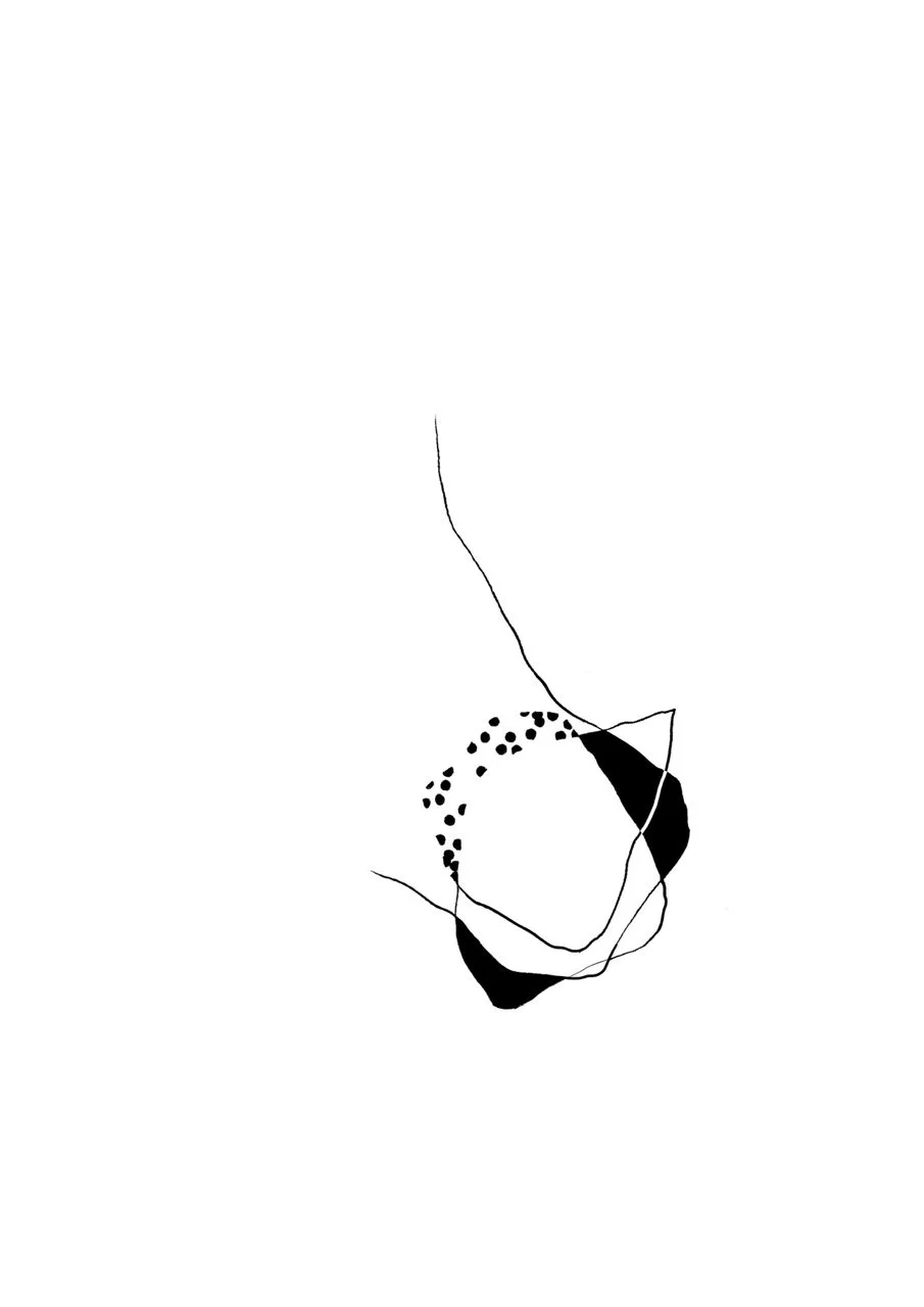 Black abstract line drawing with scattered dots and large shaded areas on a white background.
