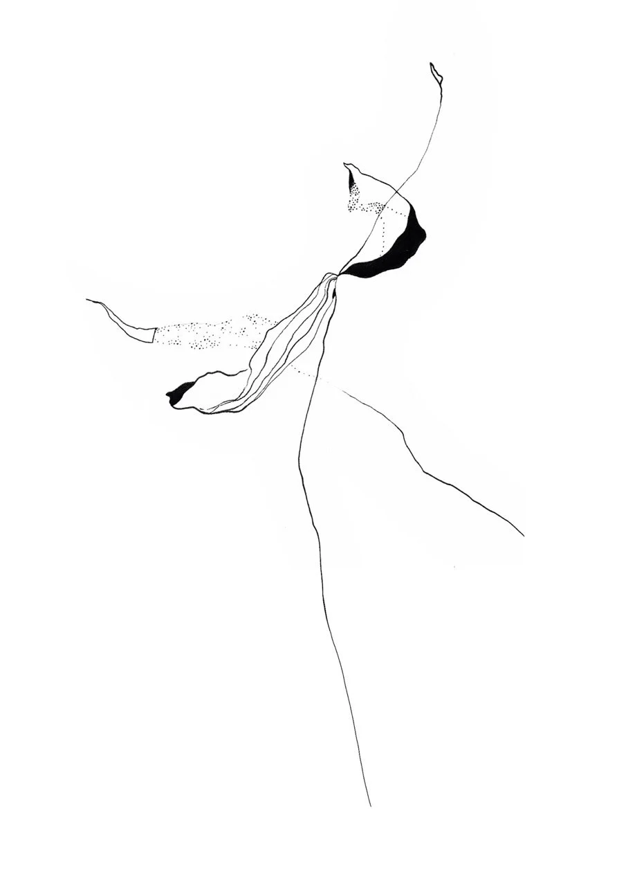 Abstract black and white line drawing with flowing lines, organic shapes, and small dotted patterns.