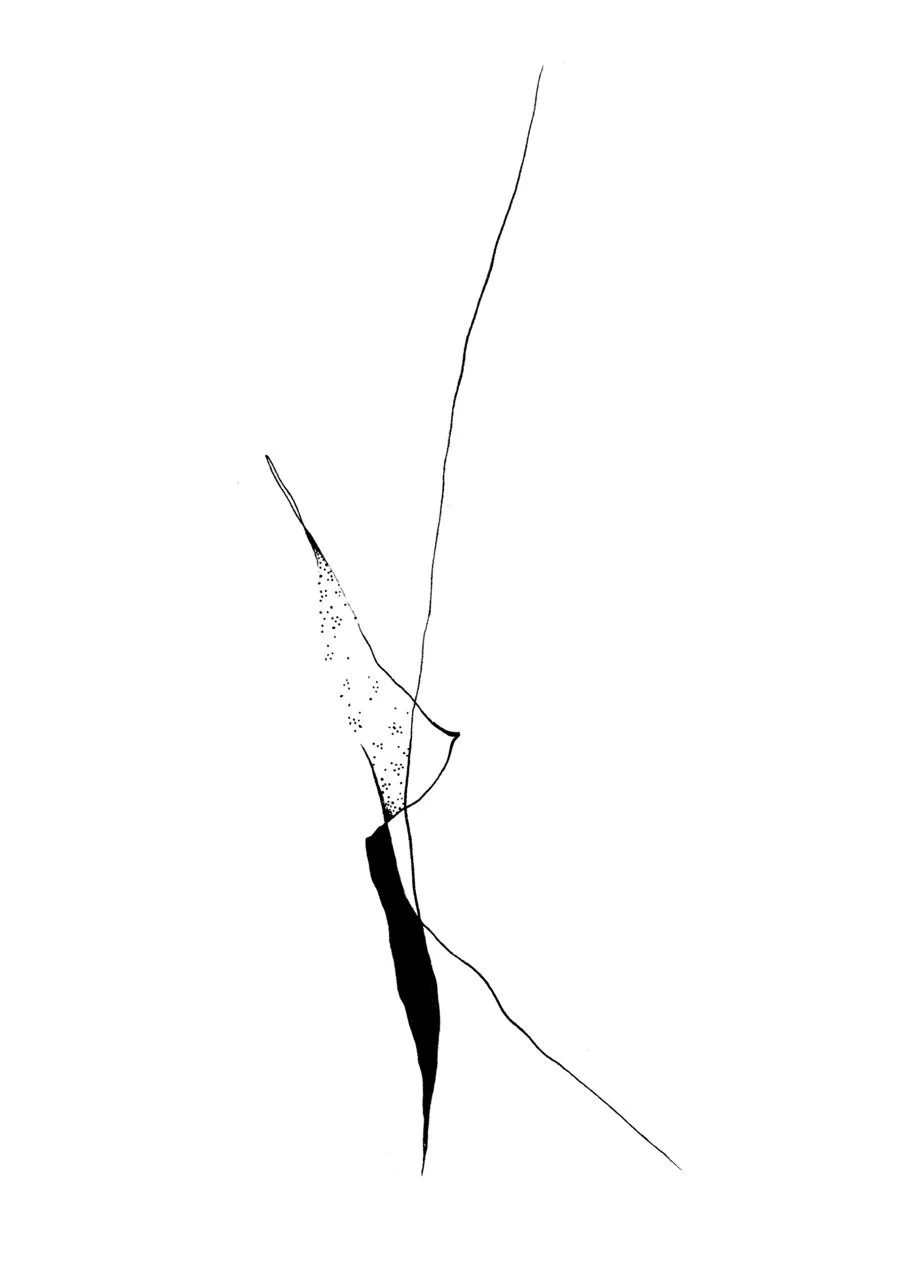A black and white abstract line drawing with curved and straight lines, some dotted patterns, and areas of solid black.