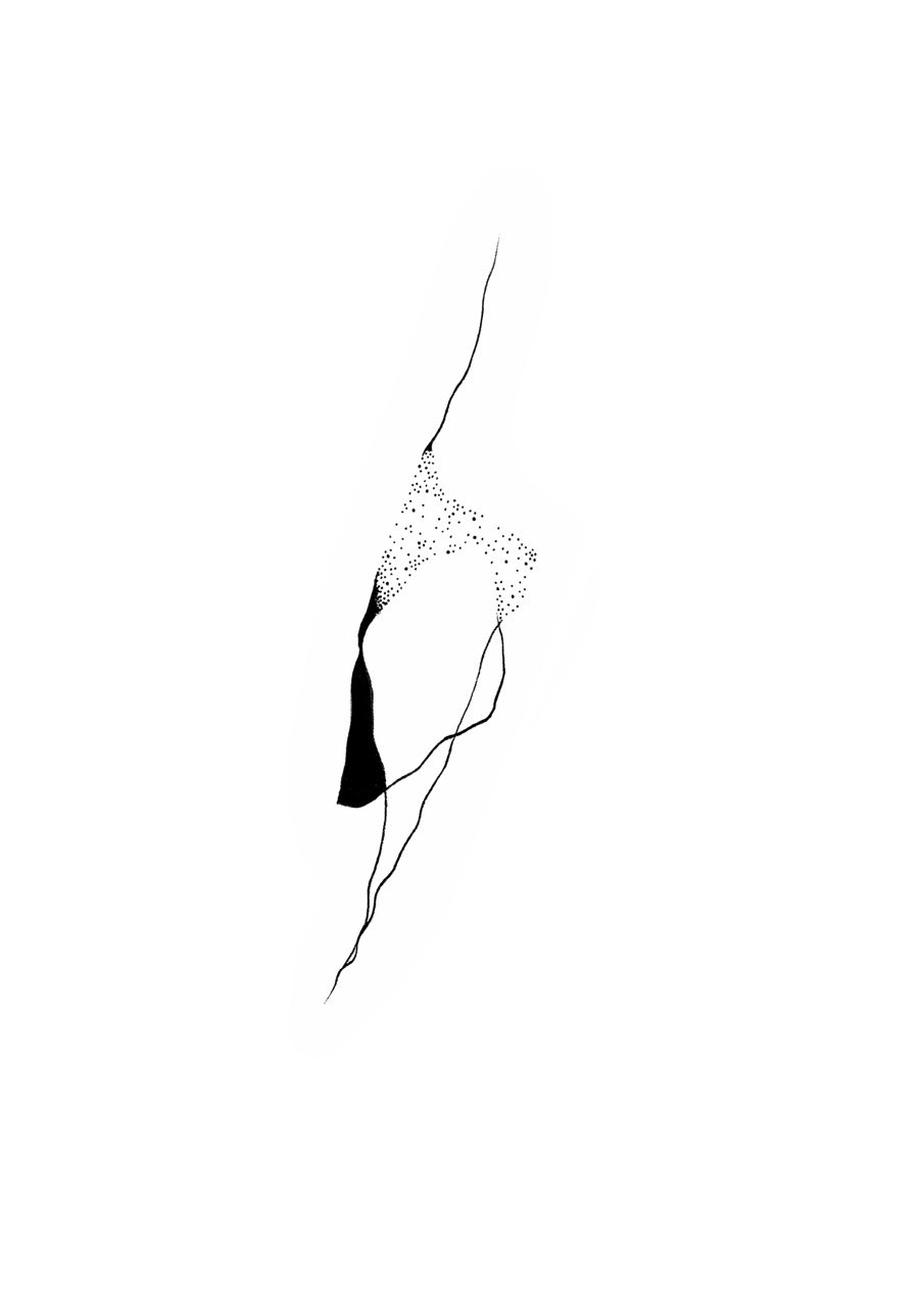 Minimalist black and white abstract artwork with curved lines and dotted patterns