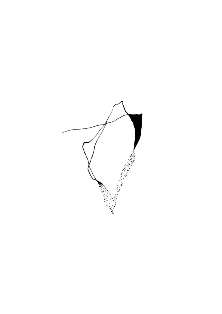 Minimalist black and white line drawing with a large curved shape, small dotted area, and thin intersecting lines