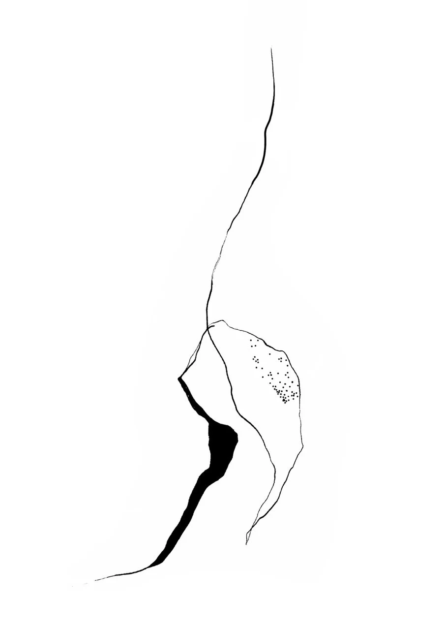 Minimalist black and white drawing with curved and straight lines forming an abstract shape.