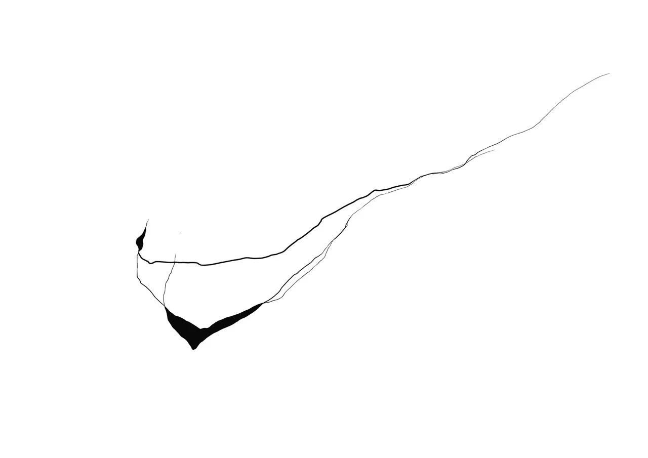 Minimalist black and white abstract line drawing with black shapes on the left and a long wavy line extending to the right.