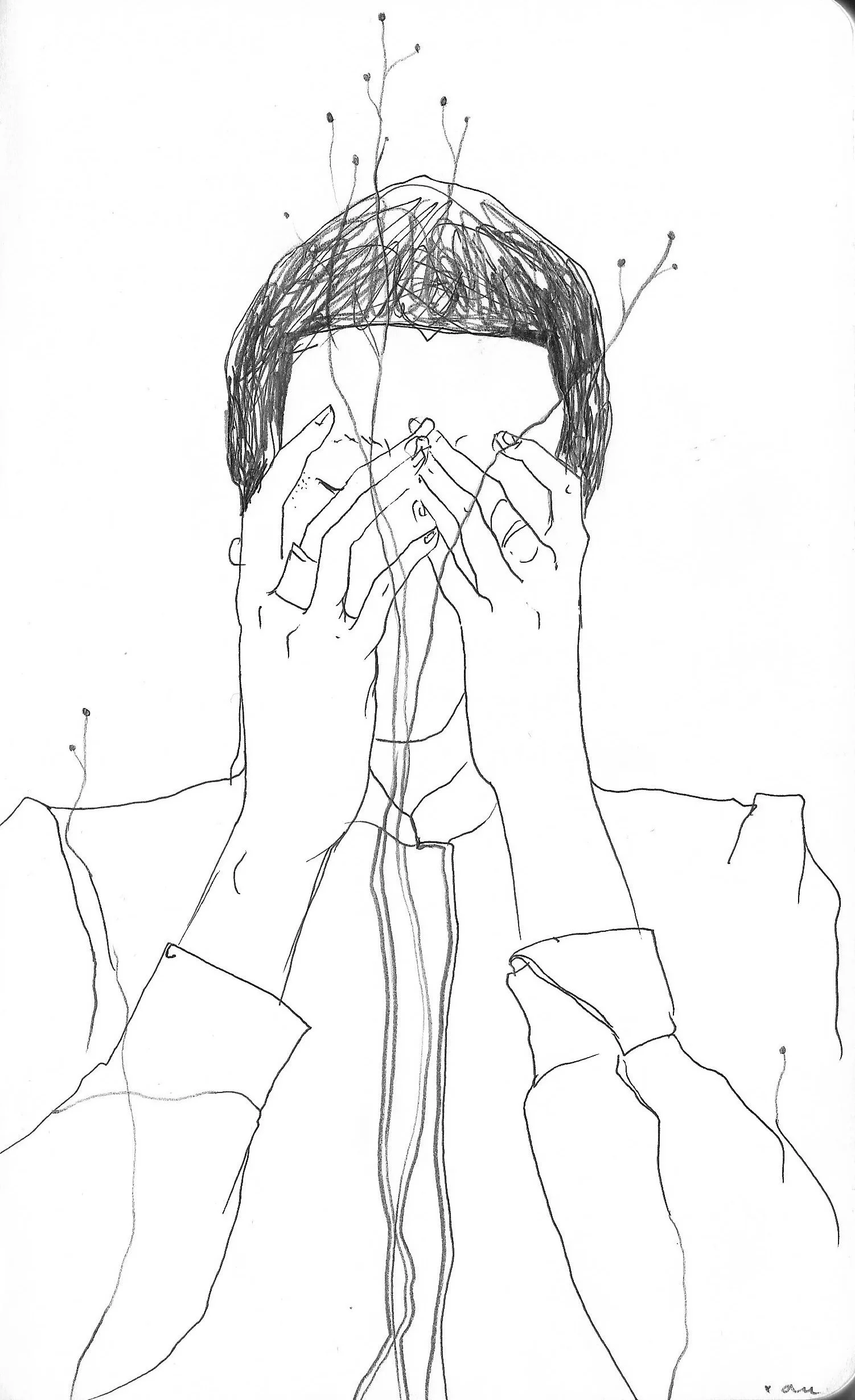 Line drawing of a person with short hair, baby fringe, covering their face with both hands.