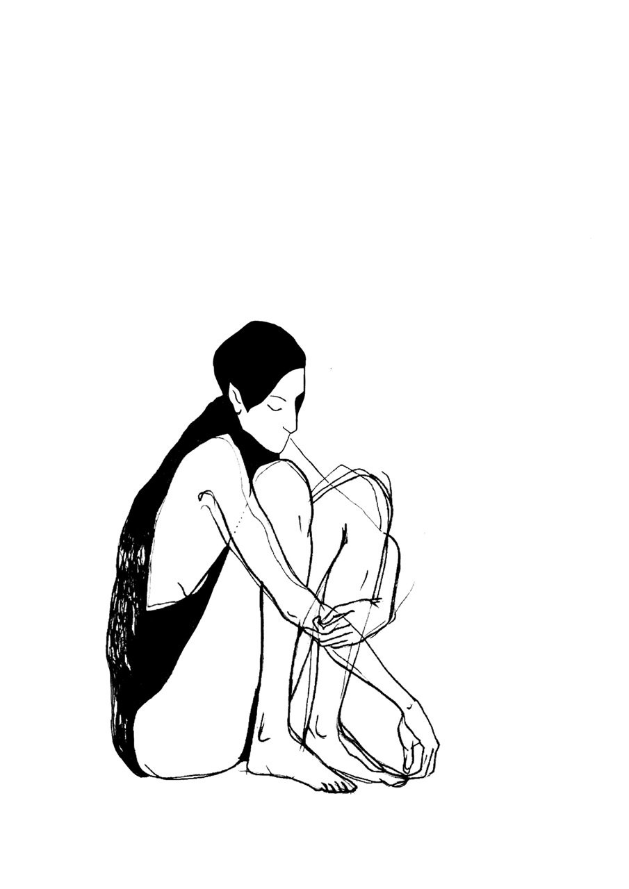 Line drawing of a woman sitting with her knees drawn up, her head slightly bowed and eyes closed.