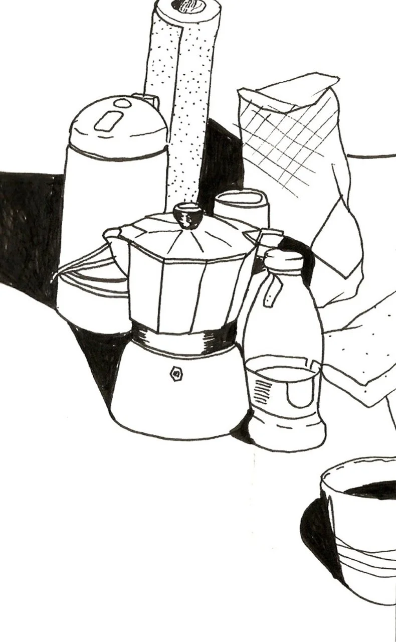 Line drawing of kitchen countertop items including a mokka coffee pot, a jar, a box, a roll of paper towels, a coffee mug, and a bag of dutch waffels.