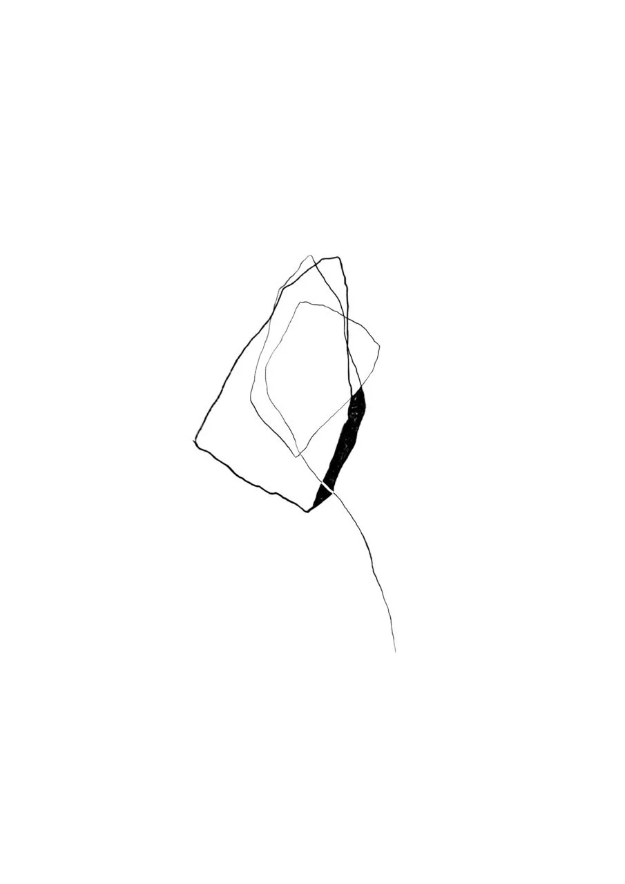 Abstract black and white line drawing with a few circles and irregular shapes on a white background.