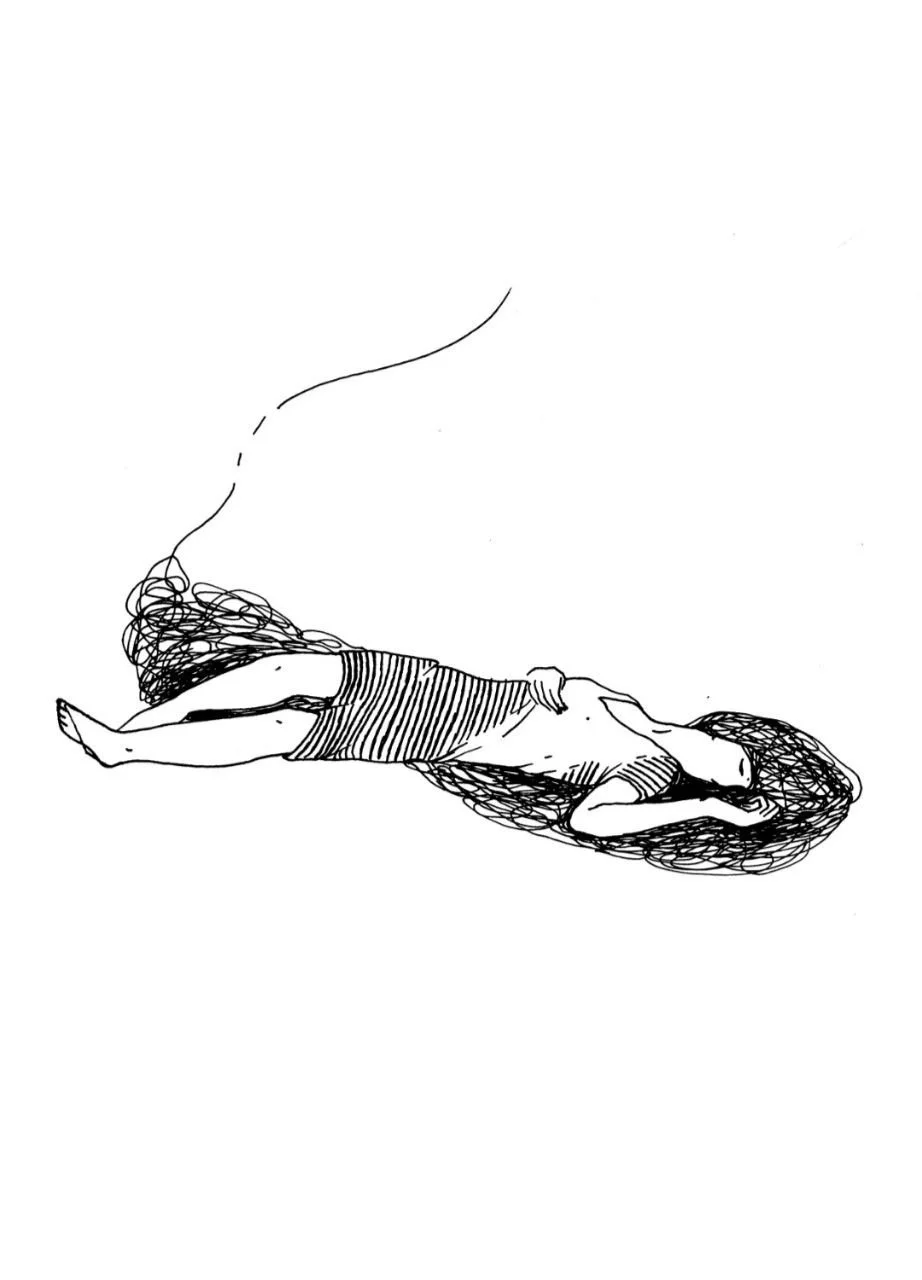 Black line drawing of a woman lying on the ground with long hair spread around her head, wearing a striped dress, with her eyes closed and one hand near her face.