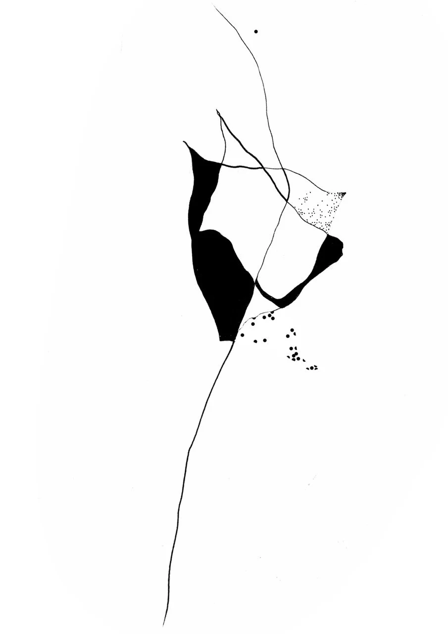 Abstract black and white minimalist artwork featuring irregular shapes, lines, and dots.