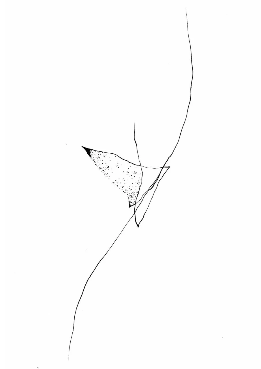 Minimalist abstract drawing with thin black lines and a shaded, textured black triangle.