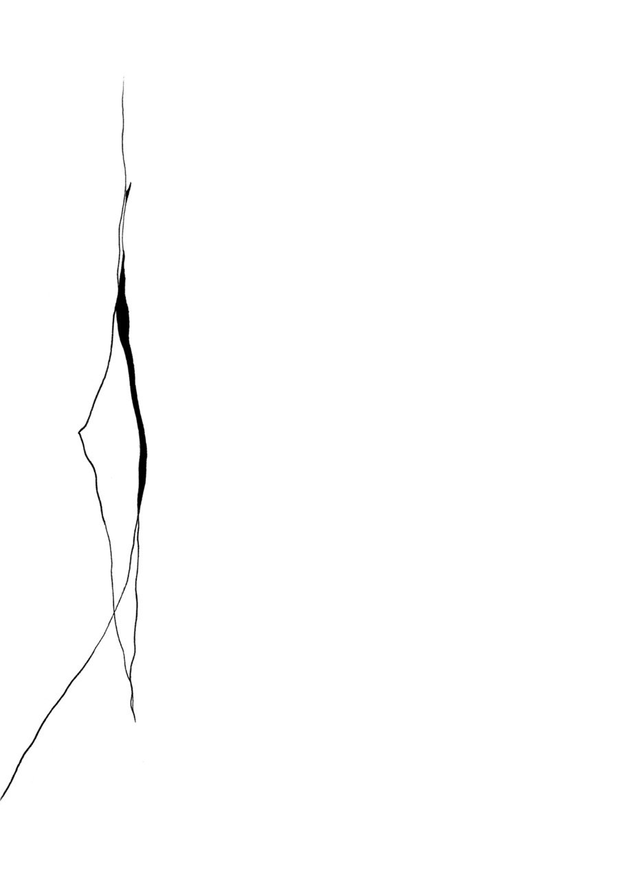 Abstract black and white line drawing with complex, flowing lines on a white background.