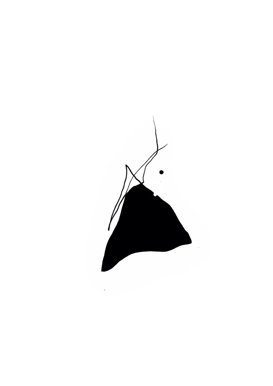 Minimalist black ink drawing of a mountain with a small dot to the right and some thin lines extending from the top.