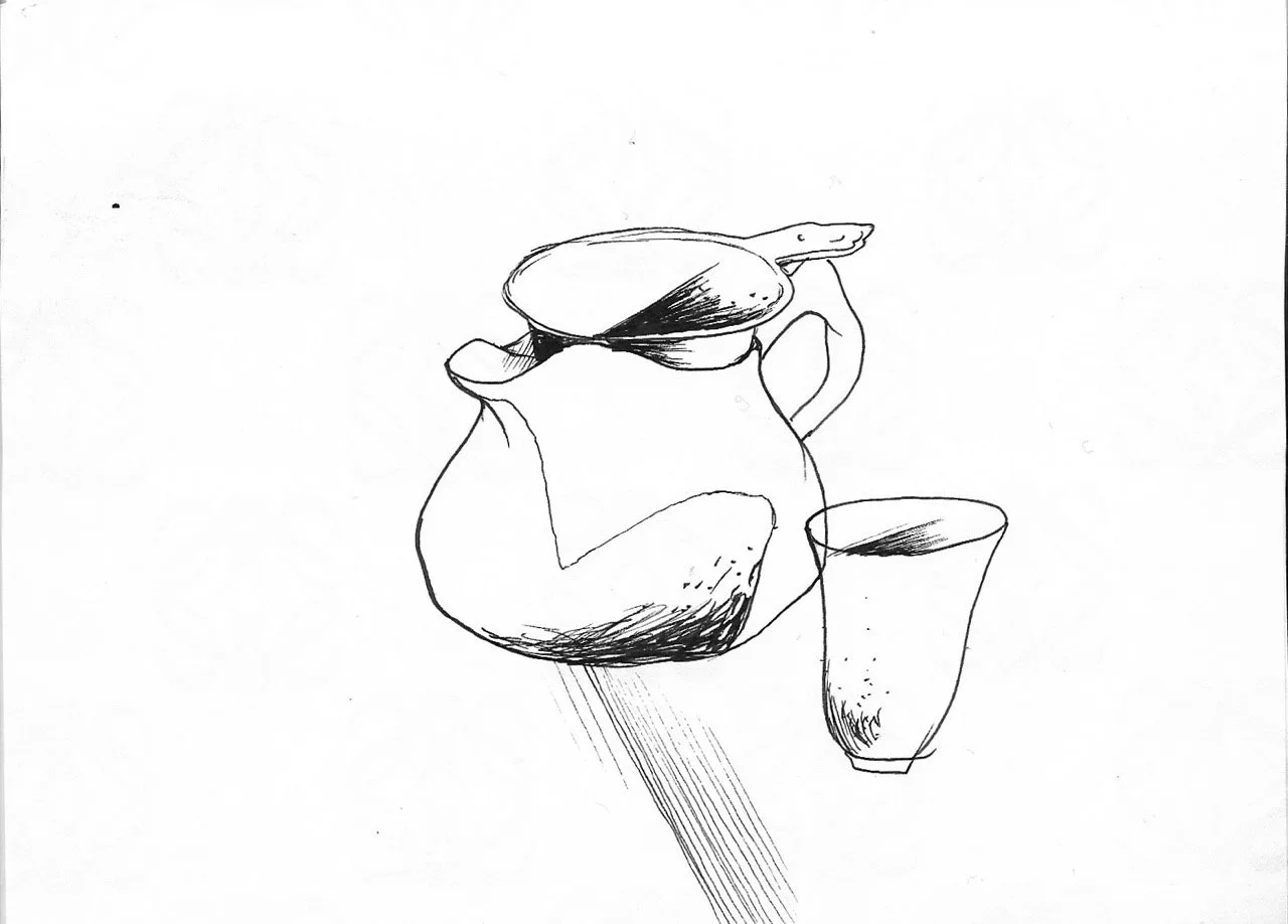 Line drawing of a teapot with a lid, handle, and spout, accompanied by a cup.