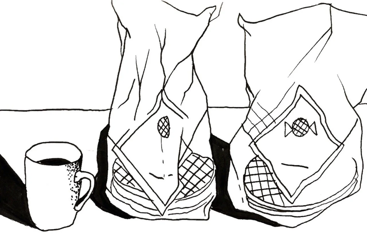 Black and white drawing of a mug filled with coffee and two dutch waffel bags placed on a table.