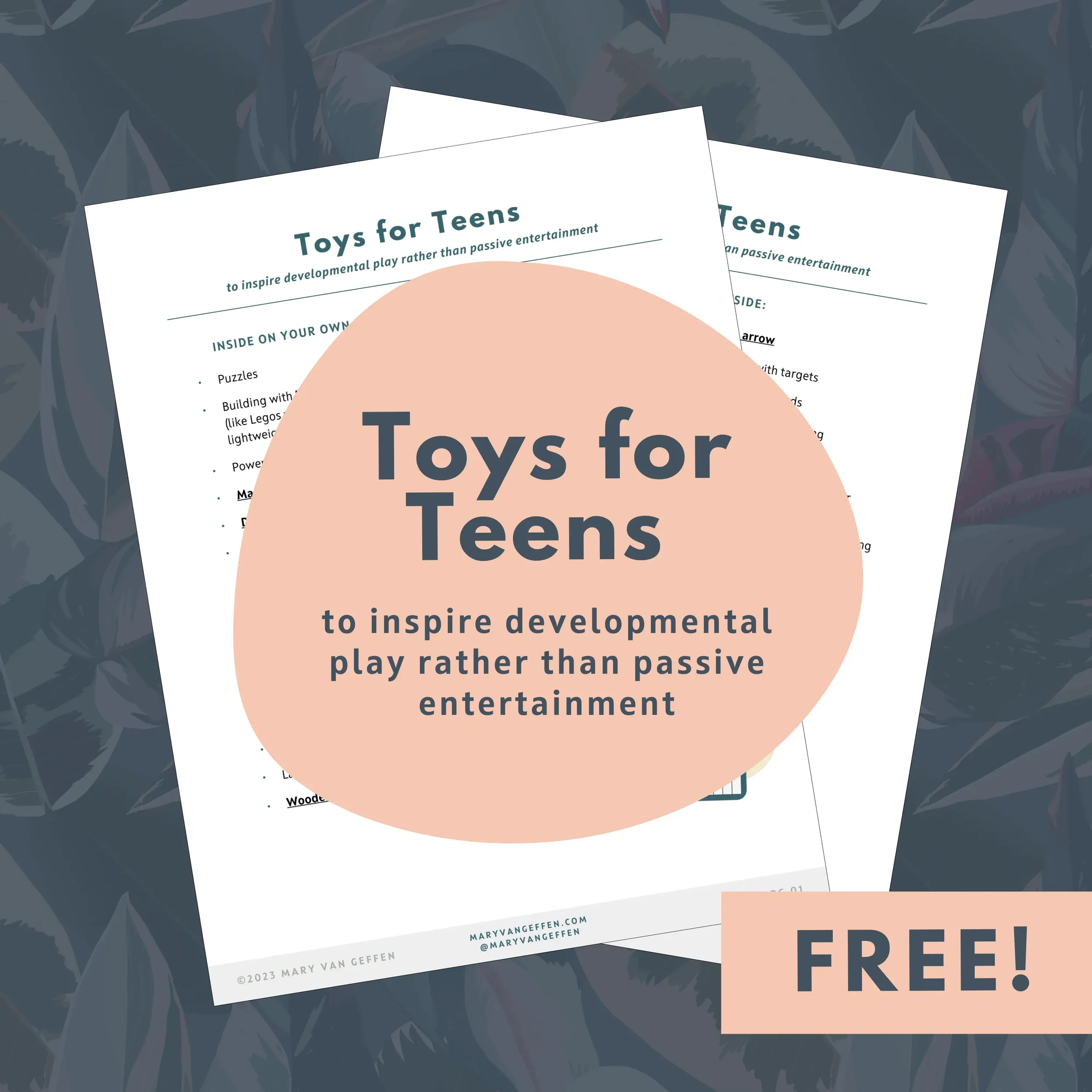 Toys for Teens PDFs with word Free over them