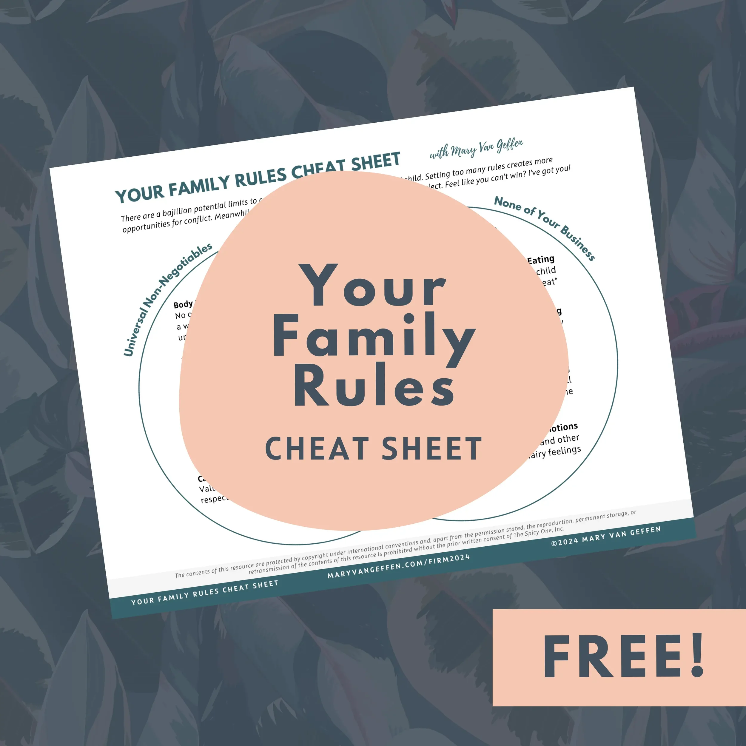 Your Family Rules cheat sheet PDFs with word Free over them