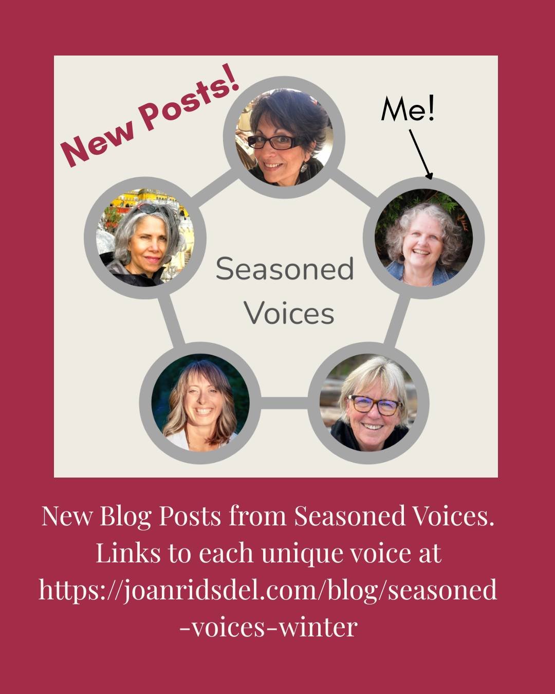 Seasoned Voices. 5 unique voices. 5 unique women writing on the same theme - winter. 

Together we make up a small group of women in midlife sharing our life stories, our differences and similarities, and our unique perspective on midlife and aging. 