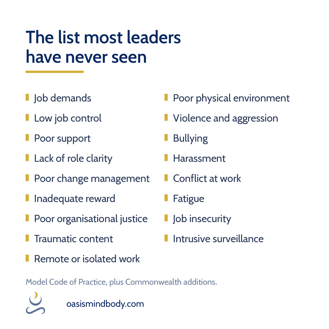 List of seventeen psychosocial hazards including job demands, low job control, poor support, lack of role clarity, poor change management, fatigue, job insecurity and intrusive surveillance.