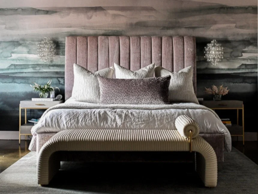 Custom bedroom designed by Violet Marsh Interiors featuring bespoke furnishings, layered textures, and warm modern interior design
