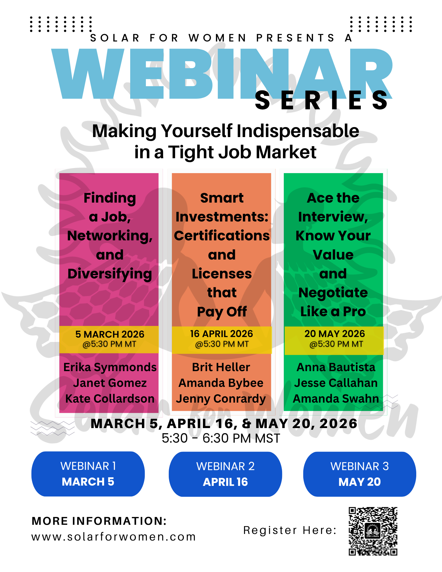 Flyer with an overview of all three webinars in the spring series